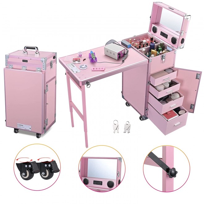 BYOOTIQUE Nail Desk Mobile Station Rolling Makeup Train Case Trolley Cosmetic Manicure Table Mirror 4 Drawers Pink