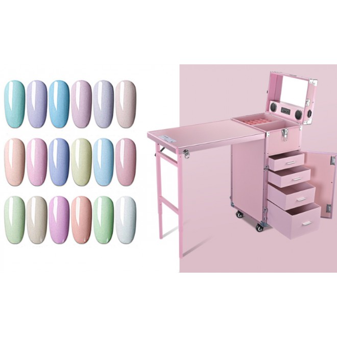 BYOOTIQUE Nail Desk Mobile Station Rolling Makeup Train Case Trolley Cosmetic Manicure Table Mirror 4 Drawers Pink