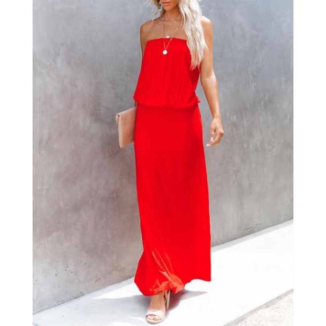 Olation Strapless Jersey Maxi Dress - Red